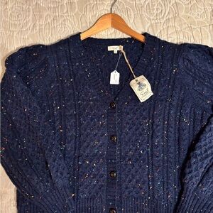 NWT Easel Cable-Knit Cardigan Sweater in Navy Blue w/Donegal Fleck Texture